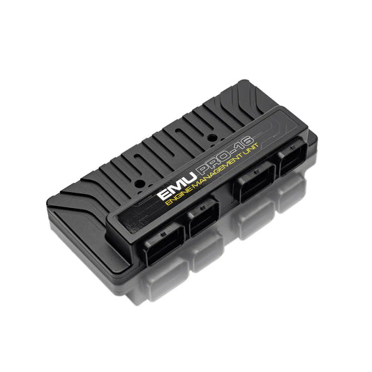 Black electronic module with 'EMU' branding on a white background